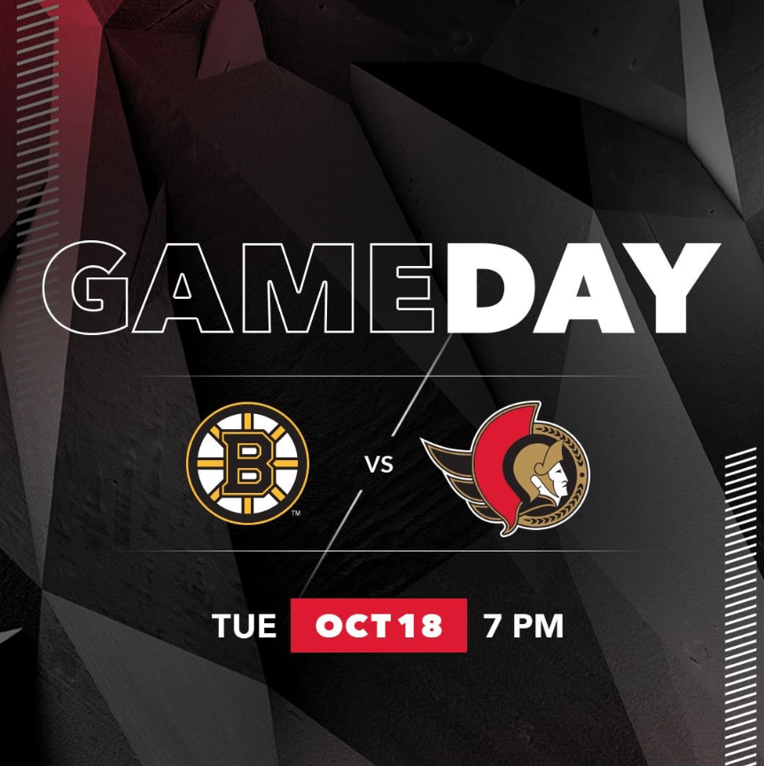 Senators Gameday Instagram photo reading Boston vs. Ottawa, Tuesday October 18 7PM.
